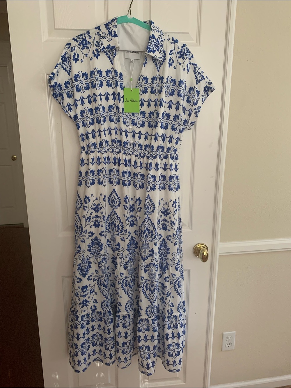 NWT Sam Edelman Dress: White, Blue Print, Button Close, V-Neck, Elastic Waist 12